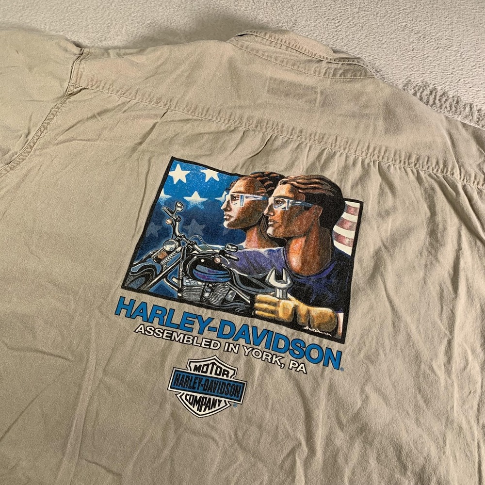 Vintage Harley Davidson Shirt Mens XL York Open House 1994‎ Button Up Beige